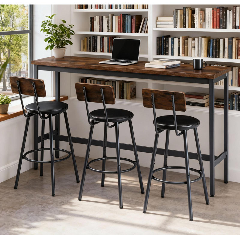 Ensemble de table de bar et de chaises pour 3, ensemble de table de salle à manger industriel 4 pièces avec 3 tabourets de bar rembourrés en polyuréthane, ensemble de table de bar pour la cuisine, la salle à manger, le salon, le bar, le café, le coin petit espace, brun rustique