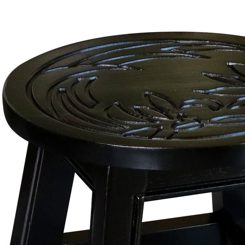 Carved Wooden Step Stool, Floral, Natural, Espresso Brown