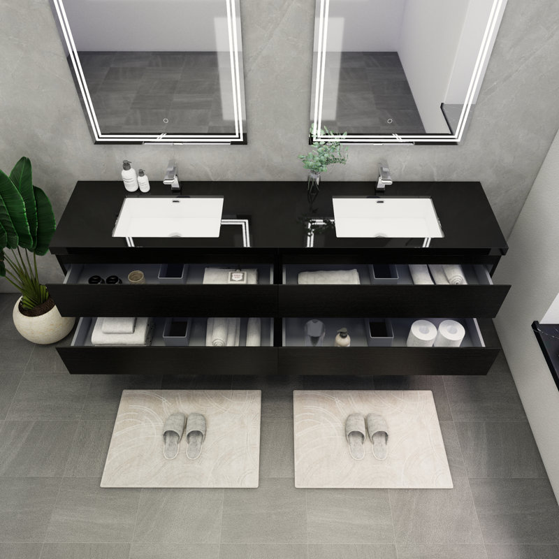 Kirker 72" Wall-Mounted Double Bathroom Vanity Set, Rich Matt Black