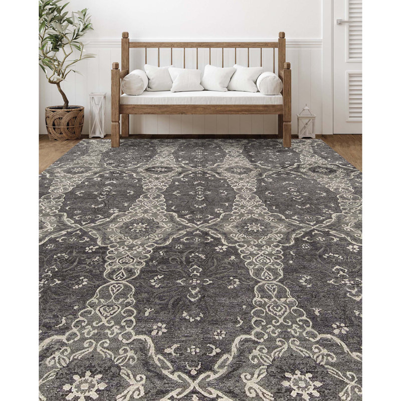 Wool Damask Area Rug in Charcoal/Ivory