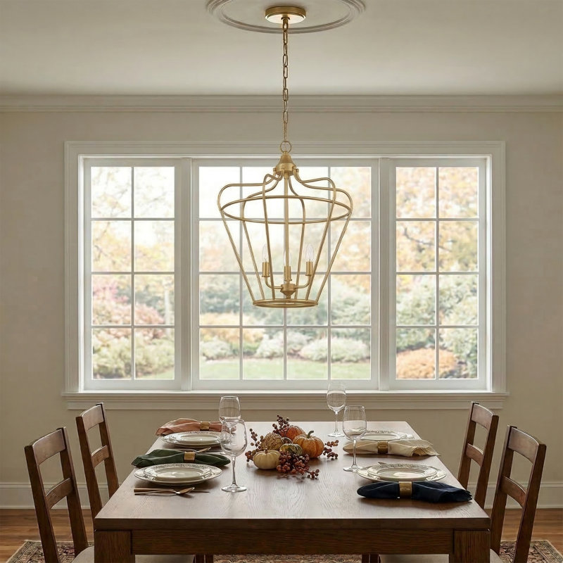 Deanle 3 - Light Dimmable Dning Room Chandelier Geometric Lantern Chandelier, Brass