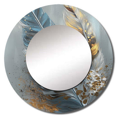 Quinlen Gold Feather Wanderlust I - Glam Feather Wall Mirror, Modern Round Decorative Mirror, Printed Metal Art