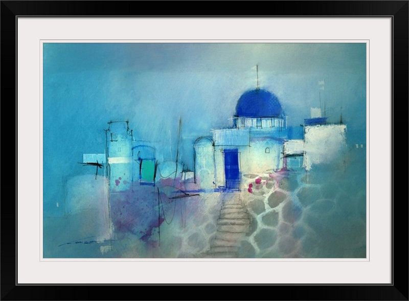 «Santorini Blue» par John Lovett, reproduction d'art, H 20 po x l 26 po x P 1 po, Cadre noir