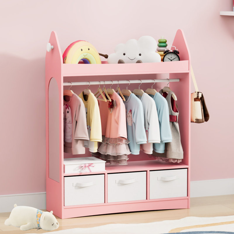 Children's Wardrobe with 3 Drawers and a Mirror, Pink