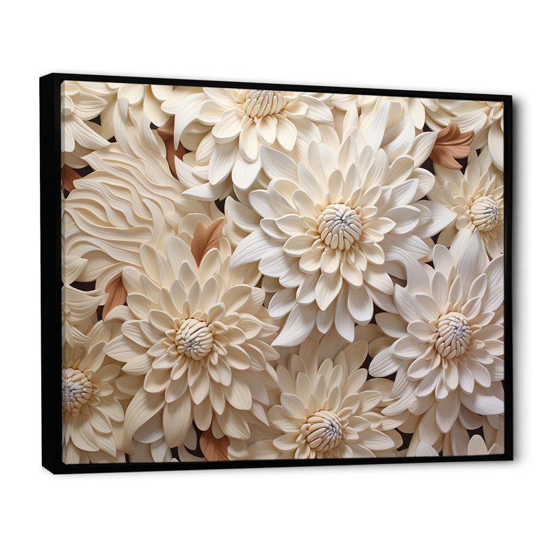 «Minimalisme Chrysanthemums White Floral Collage I», reproduction sur toile, Cadre flottant noir