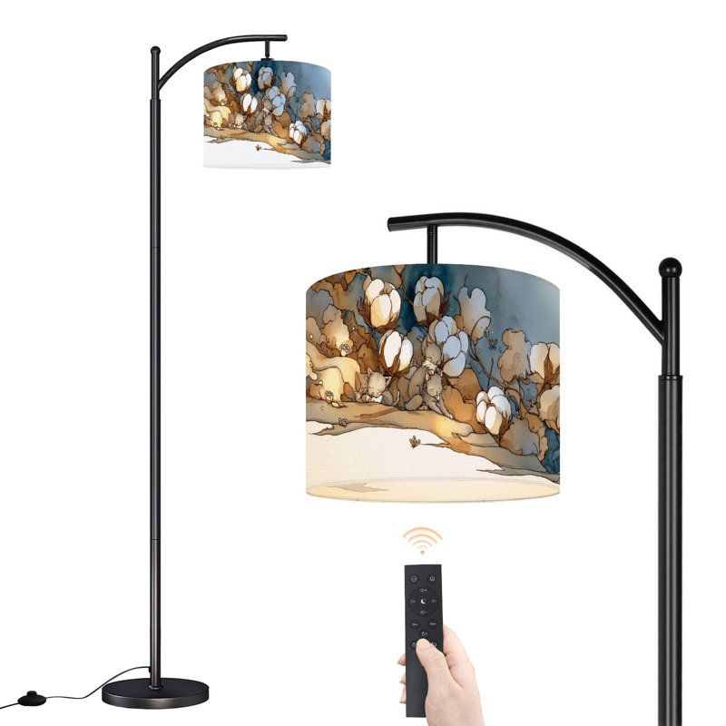 Arc Floor Lamp with Adjustable Lampshade Rustic Cotton Blossom Art Serene Cats Butterflies Standing Lamp 3 Color Temperatures Dimmable Tall Pole Lamp with Foot Switch for Bedroom
