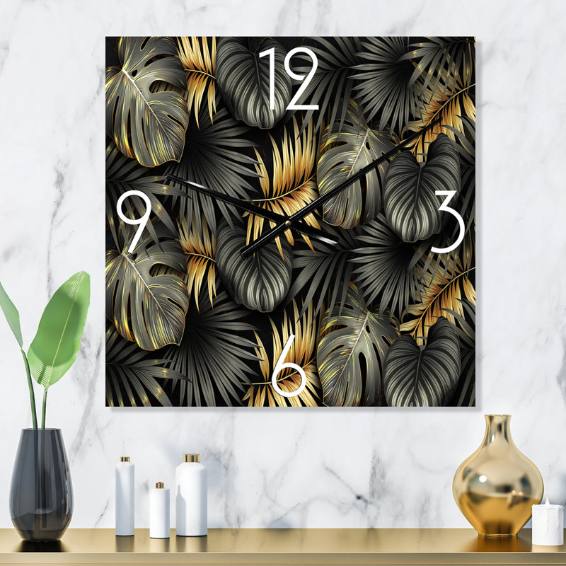 Horloge murale moderne feuilles noires et or tropicales II, Petit
