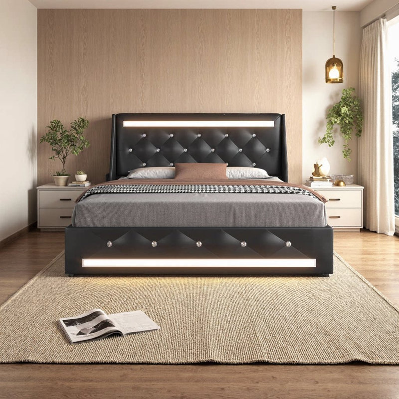 Élégant cadre de grand lit avec lumières DEL, ports de chargement USB et tête de lit à losanges - aucun sommier nécessaire, noir