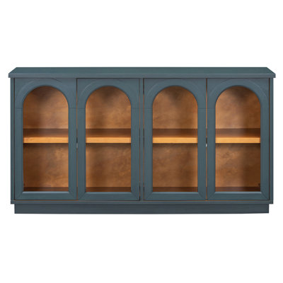 Buffet bleu marine à 4 portes avec tablettes réglables. Élégant, avec passe-câbles. Parfait pour la salle à manger. Construction.