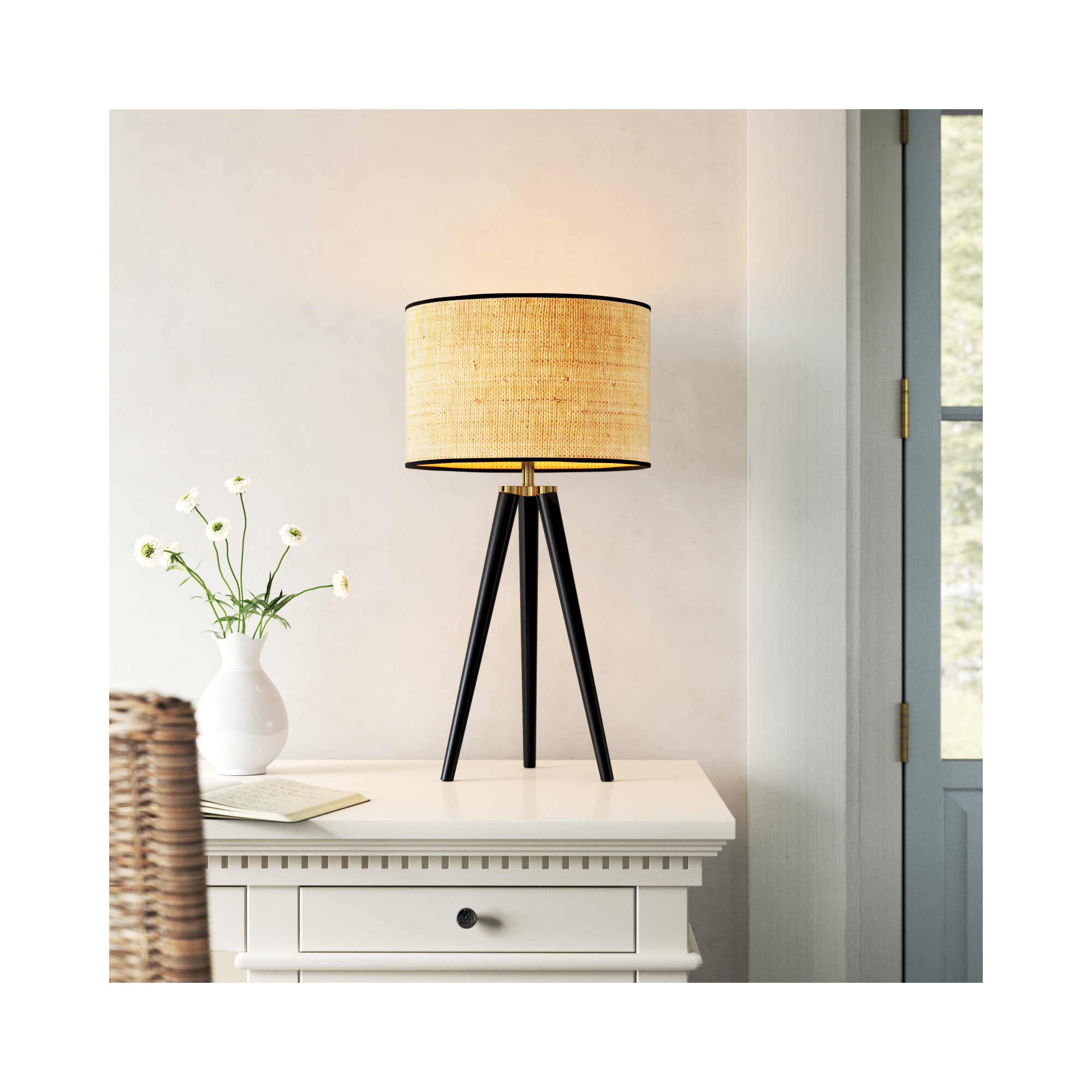 Kisa Wood Tripod Lamp, Woven Natural Rattan Shade w. Black Trim, Black Wood w. Antique Brass Accents