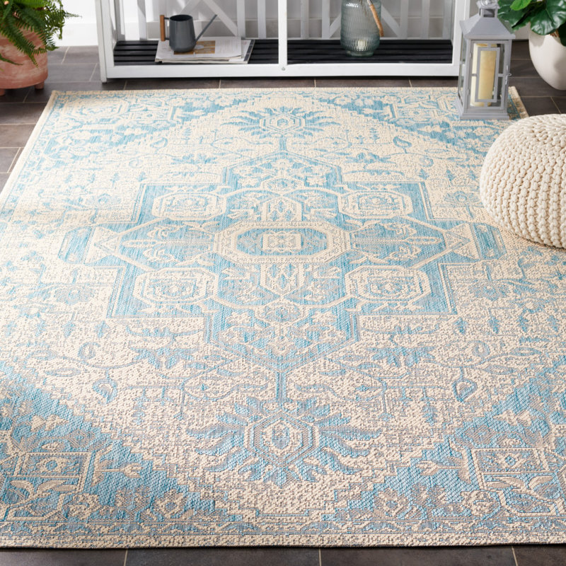 Danya Aqua/Cream Indoor/Outdoor Area Rug, Rectangle 5'3" x 7'6"