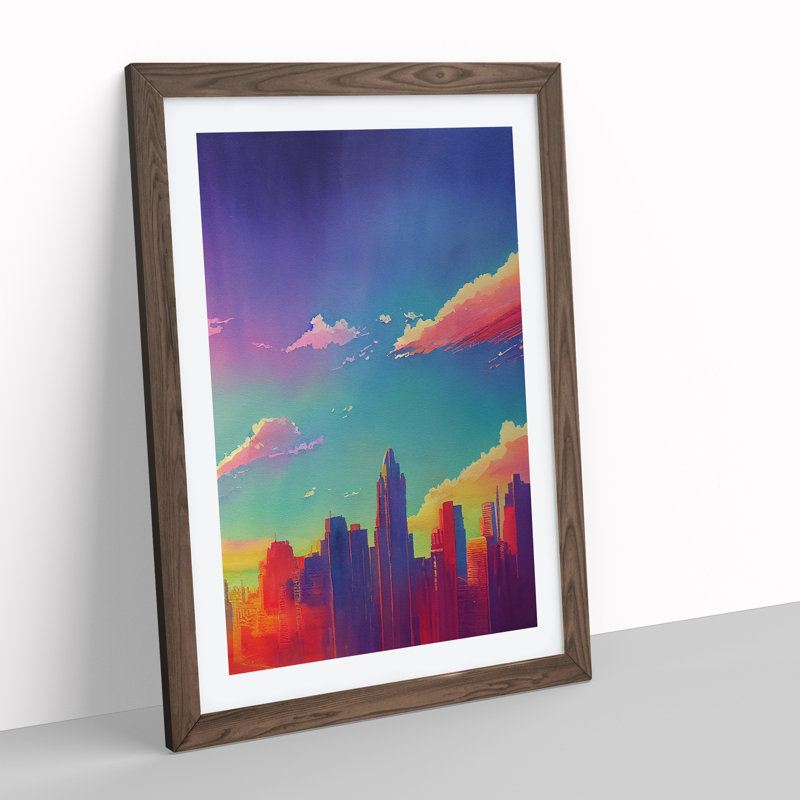 City Skyline Watercolour No.3 - Wall Art, 48cm H x 36cm W, Walnut Framed, White