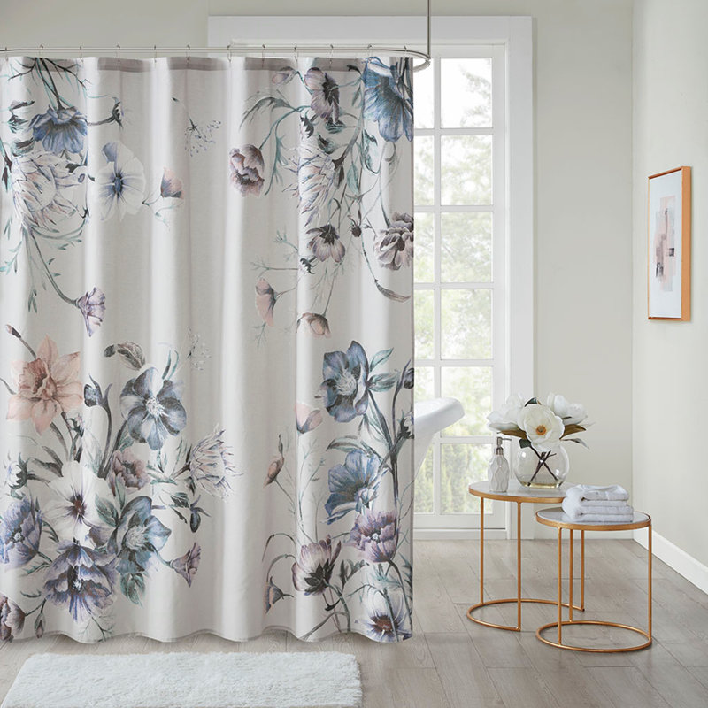Printed Cotton Shower Curtain, Blue