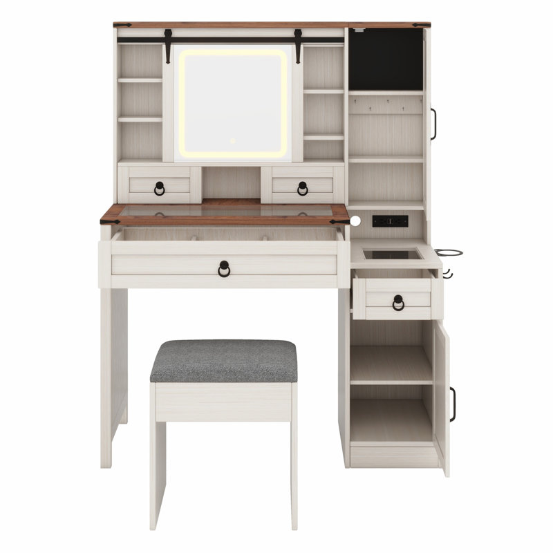 Ensemble de coiffeuse avec miroir lumineux coulissant Farmhouse, coiffeuse en verre avec station de charge, ensemble de meuble-lavabo 4 tiroirs 2 armoires avec tabouret
