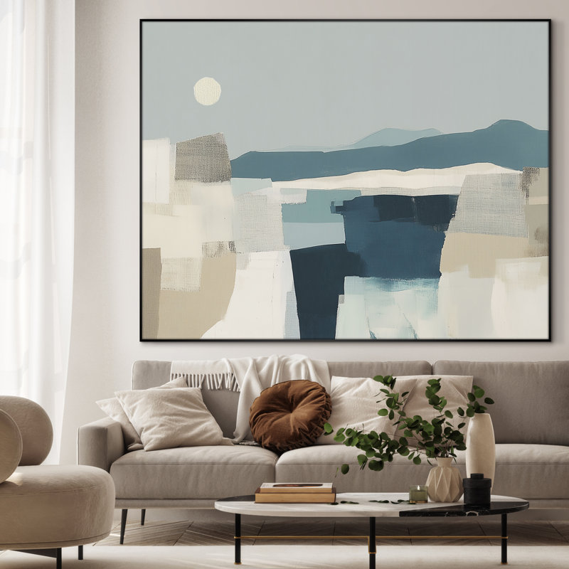 Paysage géométrique abstrait en bleu doux et beige - très grand art mural encadré (assemblage requis), H 36 po x l 46 po