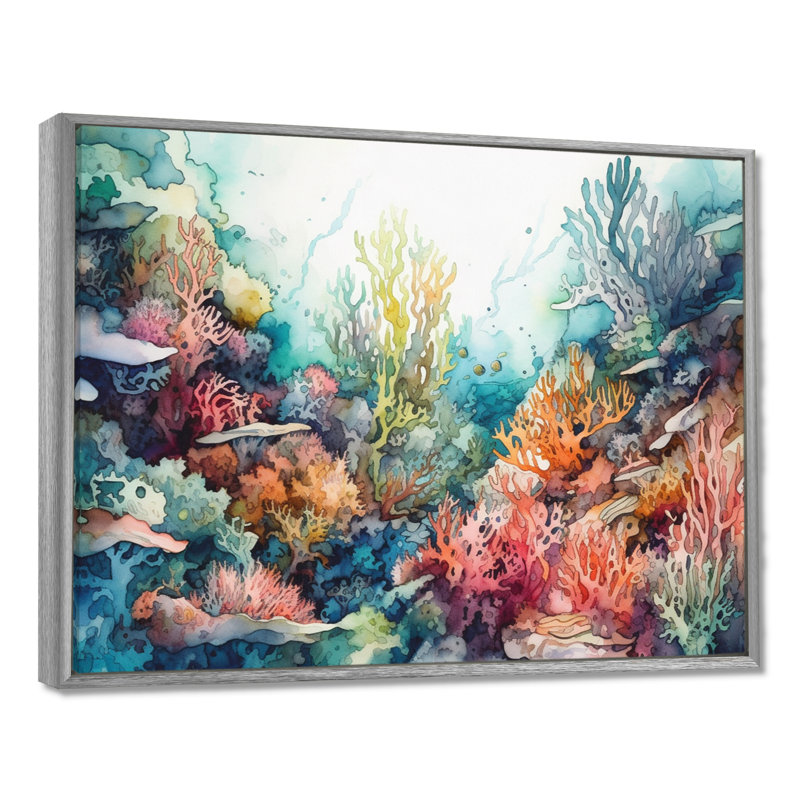 «Vibrant Coral Reef III - Modern Beach», art mural, H 16 po x l 32 po x P 1 po, Encadrement argenté