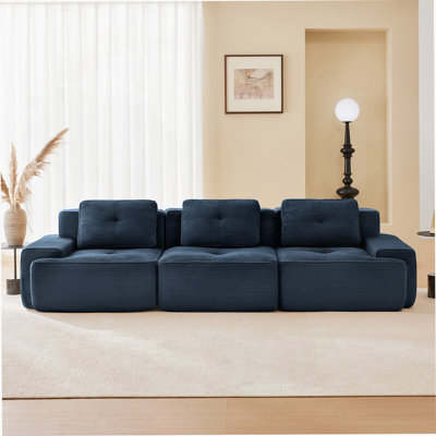Canapé modulaire moderne de 117 pouces, tissu en velours côtelé, canapé 3 places surdimensionné avec assise profonde, passepoil perlé, conception capitonnée, connexion par boucle, sans assemblage, conception antidérapante, bleu