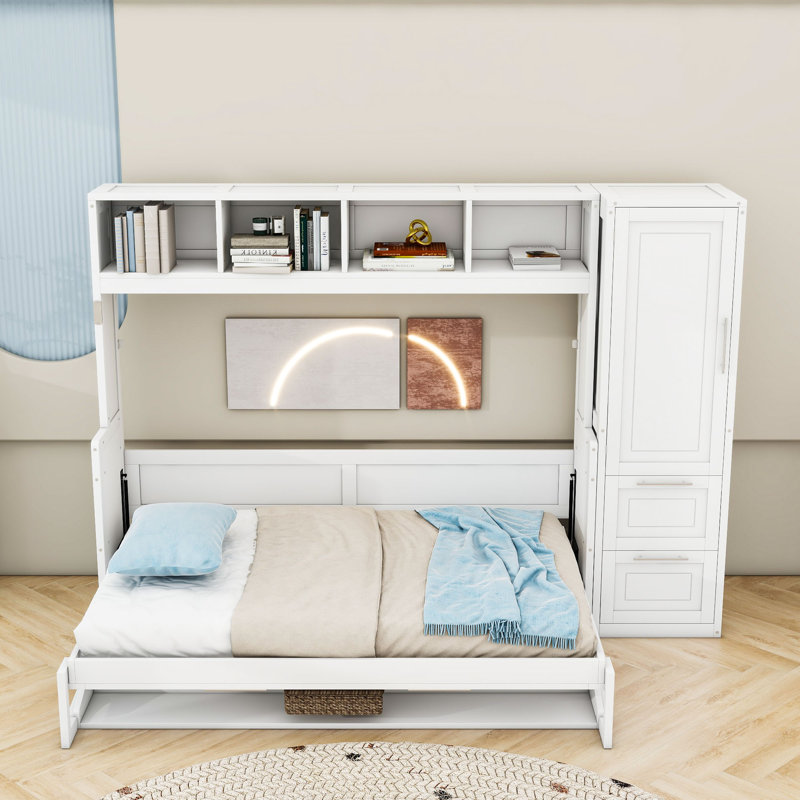 Nodine Wood Murphy Bed with Shelves and Drawers, Full, White