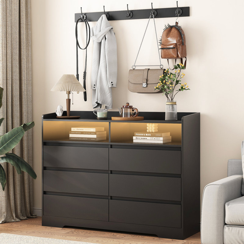Armoire de rangement à 6 tiroirs Black, idéale pour ranger livres et multimédia