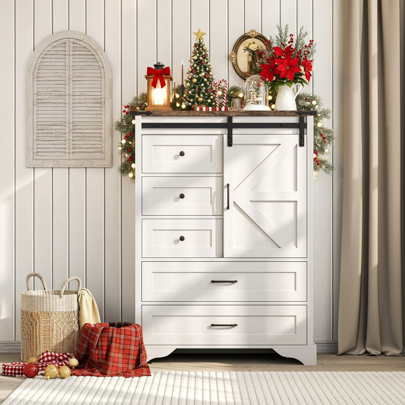 47" Tall Farmhouse 5 Drawer Sideboard Buffet, Storage Cabinet Chest With Sliding Barn Door & Shelf For Kitchen, Bathrooms