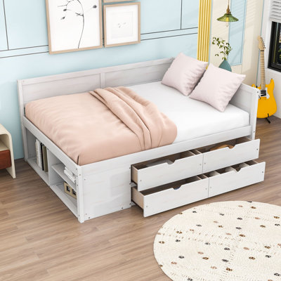 4 Drawers Wood Daybed with Built-In Shelves and Sturdy Slats