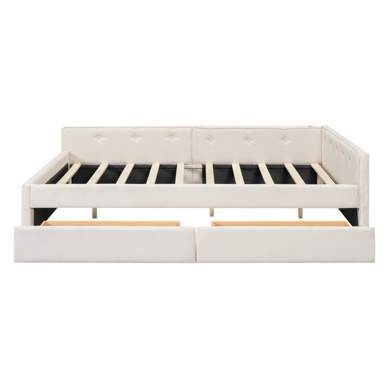Grand lit plateforme tapissier avec USB et 2 tiroirs, beige, Queen