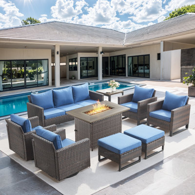 Ingvald 9- Pieces Outdoor Wicker Patio Sofa Seating Group with Fire Pit, Ottomans and Cushions