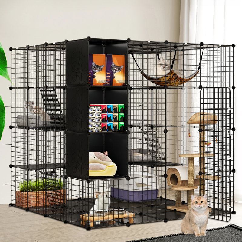 Tucker Murphy Pet™ Large Cat Cage With Storage Cube DIY Indoor Catio Cat Enclosures Metal Cat Playpen With Large Hammock