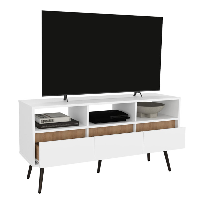 Meuble télé 47 po à usage domestique - trois tiroirs et tablettes ouvertes, divertissement en chêne naturel blanc