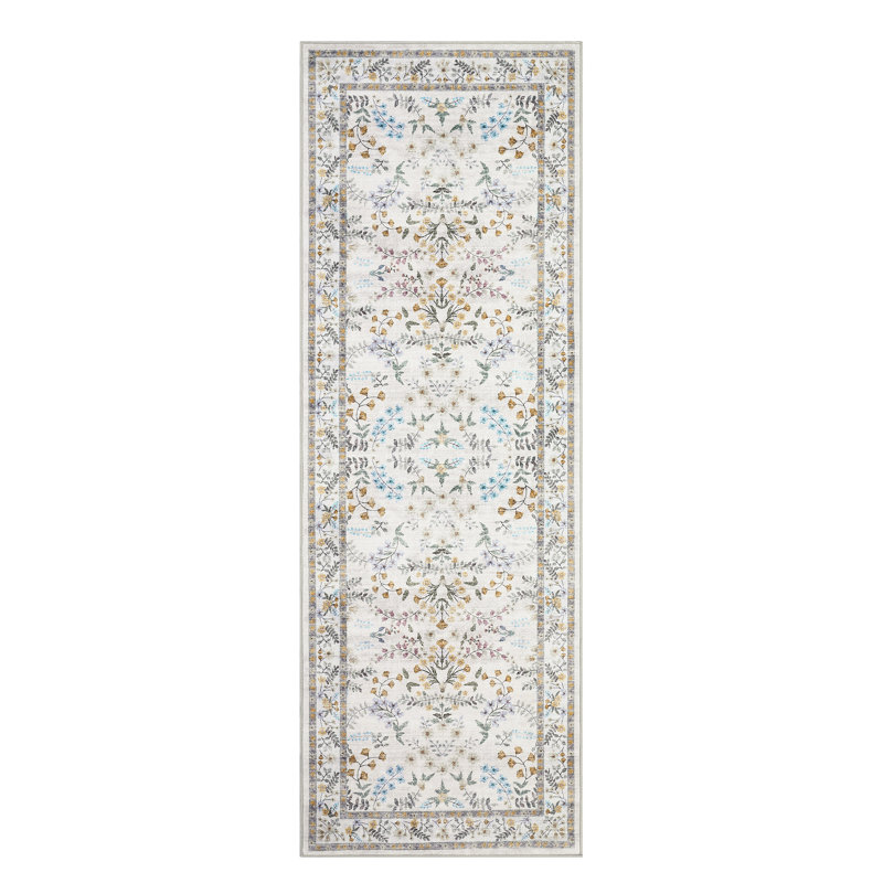 Modern Floral Machine Washable Rug for Living Room, Farmhouse Flower Soft Non Shedding Floor Covering with Non Slip TPR Backing, Indoor Foldable Low Pile Thin Mat