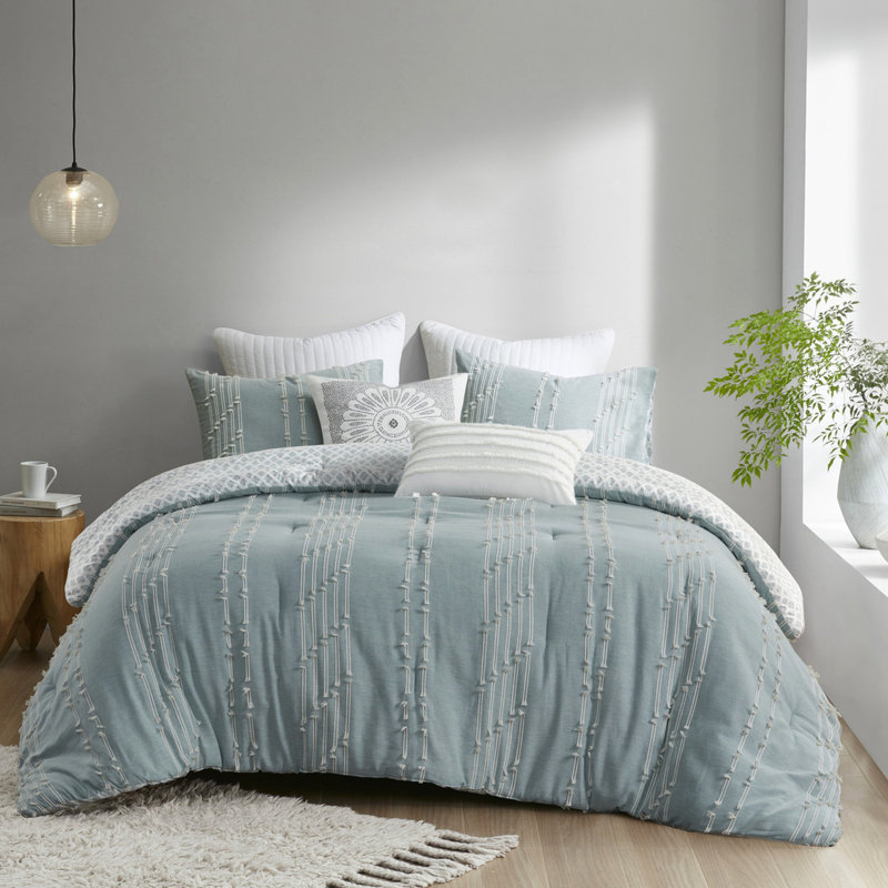 Édredon en coton double / grand - Rayures brodées de couleur naturelle et taies décoratives assorties à finition de couette pour lit