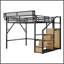 Grand lit mezzanine en métal avec escalier de rangement, garde-robe intégrée, tablettes de rangement