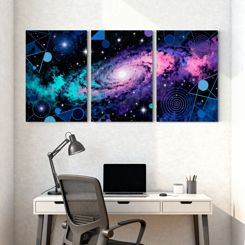 Galaxie, espace, nébuleuse, motif cosmique sur toile tendue, ensemble de 3 reproductions de peintures à l'huile