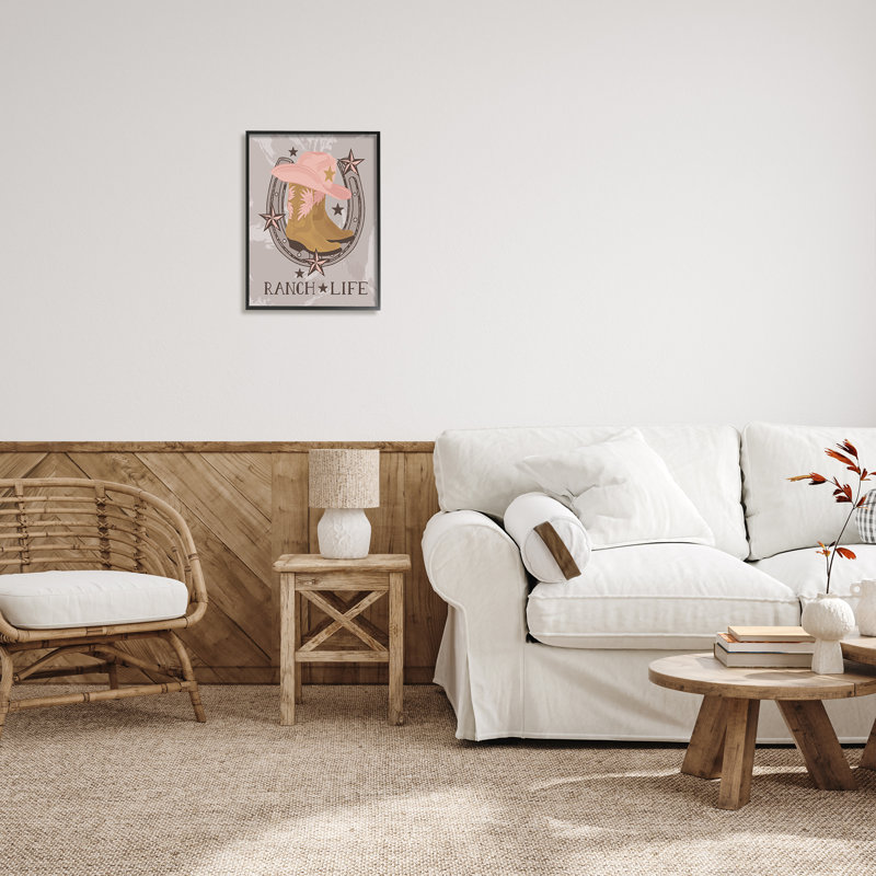 «Ba-677-Floater Ranch Life Cowgirl Horseshoe», reproduction encadrée sur toile par Lisa Perry, Giclée encadrée noir minuit