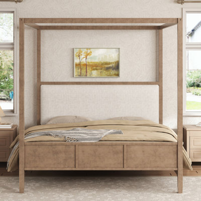 Très grand lit plateforme à baldaquin en bois avec tête de lit tapissier
