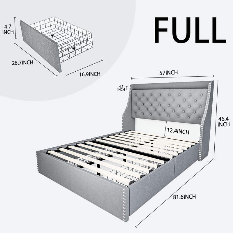 Wingback Bed, Gray, Full