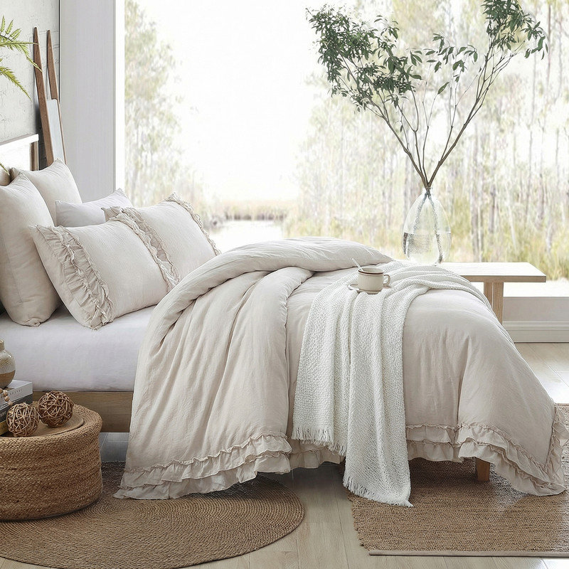 Ensemble de literie à housse de couette à volants et à volants, Beige, Housse de couette grand + 2 taies d'oreiller