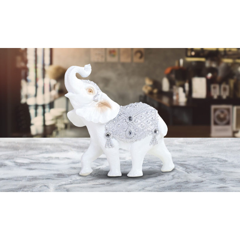 7"W Silver and White Thai Elephant with Trunk Up Figurine Unique Gifts