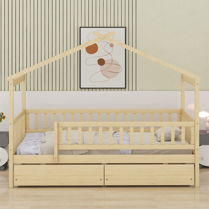 Lit en bois avec deux tiroirs, Naturel