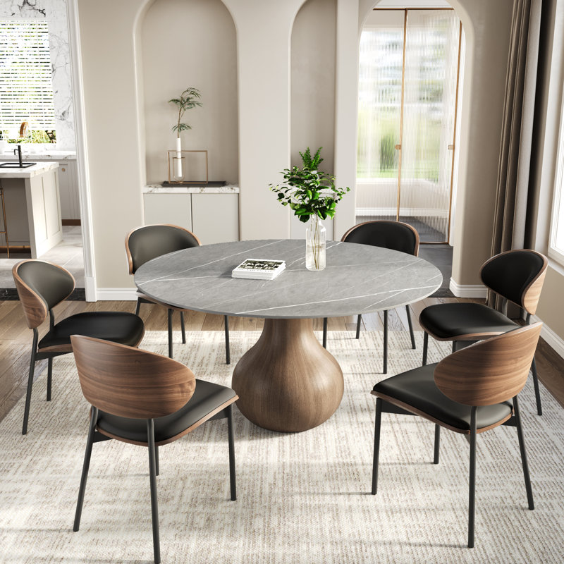 Ensemble de table de salle à manger 7 pièces Otelia, H 29,52 po x l 53 po x P 53 po, Matte Grey/Dark Walnut, Noir