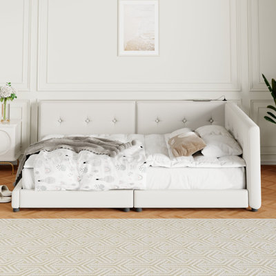 Upholstered Queen Platform Bed with USB Ports, Linen Fabric, Modern Bedroom Furniture