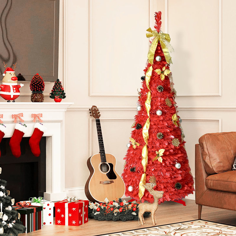 Sapin de Noël rouge pliable de 1,80 m, 150 lumières DEL blanc chaud, rubans, fleurs, flocons de neige, branches de pin et boules inclus. Solution de rangement compacte et réutilisable.