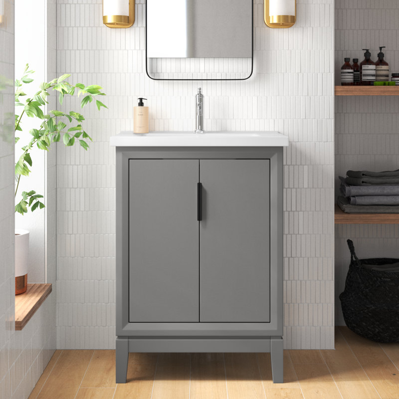 Finck 24.2'' Single Bathroom Vanity with Ceramic Top, Pure White, Silver
