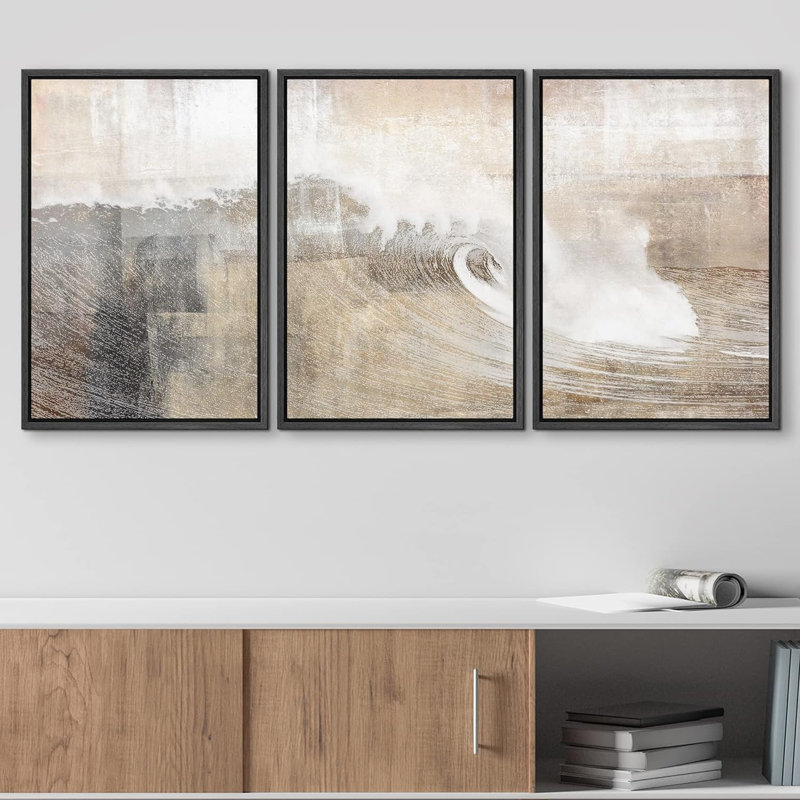 Grunge Abstract Paint Stroke Effect " Gray And Tan Color Block Ocean Wave Overlay Nature Digital Rustic Scenic " 3 - Pieces