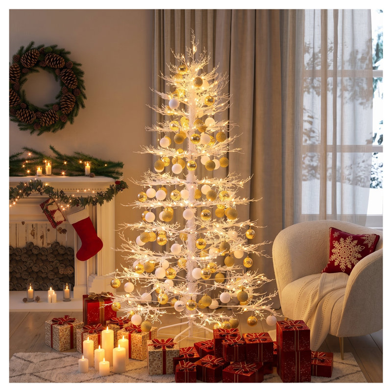 Sapin de Noël artificiel illuminé 6 pi, sapin de Noël articulé avec 600 lumières DEL blanc chaud et 150 boules décoratives, 253 pointes en PE arbre de Noël blanc pour la décoration intérieure