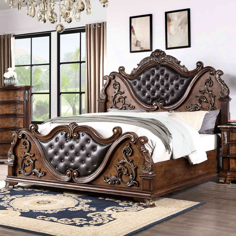 Grand lit de luxe grand, style traditionnel, cerisier brun, bois massif et marbre