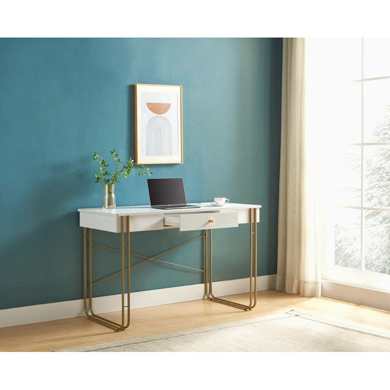 Bureau d'ordinateur avec pieds à tiroir en métal et port USB - blanc et doré