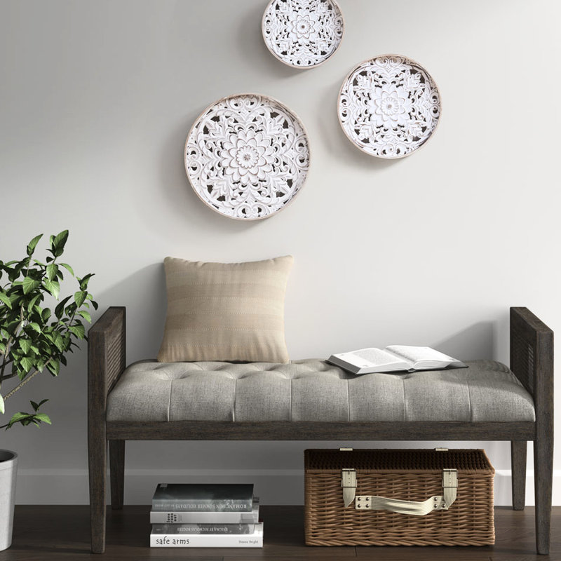 Wood Wall Decor - 3 Pieces, Distressed White Floral Medallion, Natural Frame, 13.75", 11.75", 9.75" , Indoor Hanging, Vintage Inspired, Sawtooth Hanger 3 , Natural+White, Indoor, Classic Appeal,