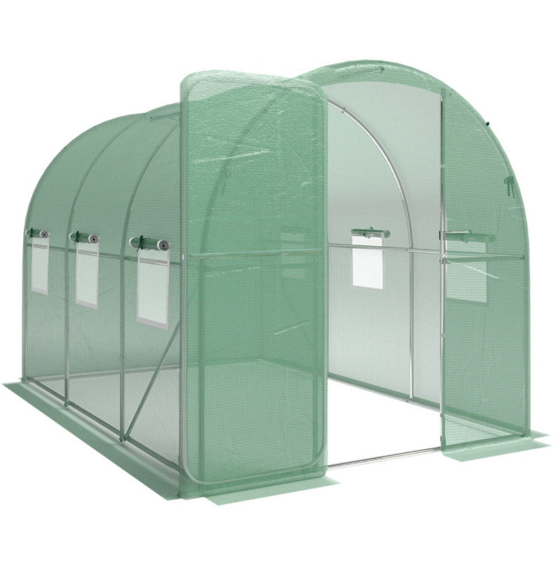 2 x 3 m Walk-in Polytunnel Greenhouse with Hinged Door and 6 Roll Up Mesh Windows, Garden Tunnel Warm House Tent, Green