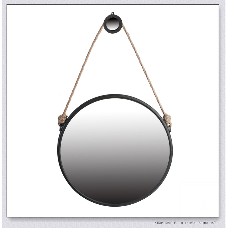 Miroir rond suspendu tendance de 29,5 po avec cadre noir et sangle de corde, décor industriel contemporain pour salle de bain, chambre à coucher ou espace de vie